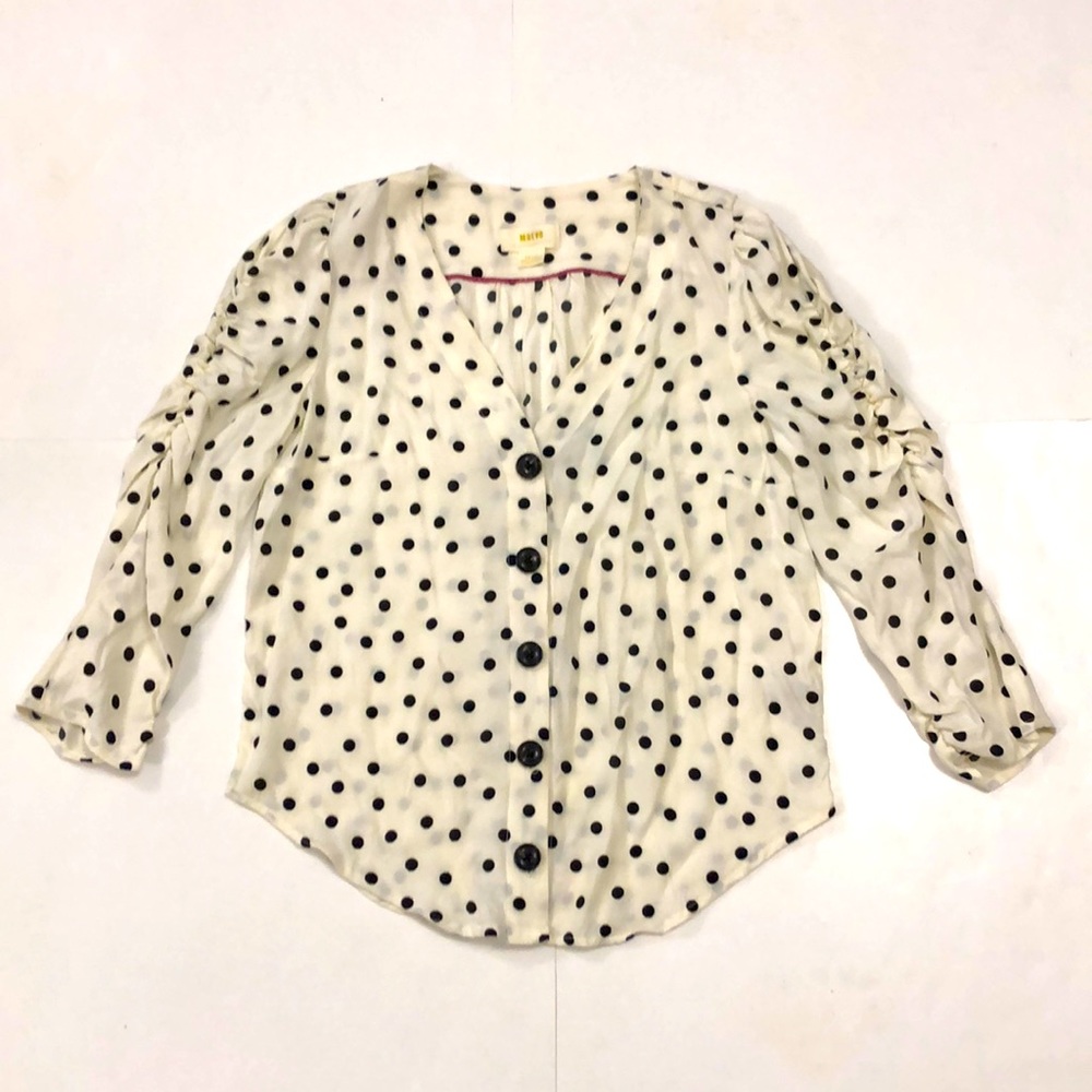 Maeve by Anthropologie S Top Cream & Black Polka Dot Buttons Rouched Long Sleeve